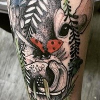 Colorful nice looking pained by Joanna Swirska tattoo of cow head with ladybug
