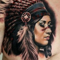 Colorful nice native american girl tattoo on chest by Moni Marino