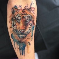Colorful nice painted watercolor style tattoo of tiger head