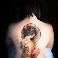 Colorful nice women tattoo on back