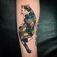 Colorful painted by horitomo forearm tattoo of Manmon cat