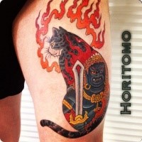 Colorful painted by horitomo tattoo of Manmon cat