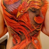 Colorful phoenix tattoo on whole back by johan finne