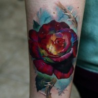 Colorful photorealistic rose tattoo on arm