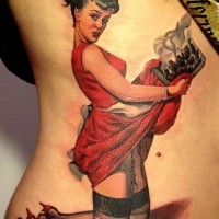 Colorful pin up girl in red dress tattoo by Matteo Pasqualin