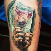 Colorful realism style creepy bloody woman tattoo
