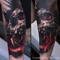 Buntes realistisch aussehendes Unterarm Tattoo mit menschlichem Schädel und Rose