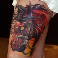 Colorful scary dark horse zombies tattoo on leg
