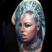 Colorful shoulder tattoo of vampire queen