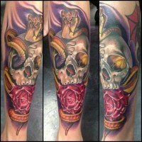 Colorful skull with shake and red rose tattoo by Fabian de Gaillande