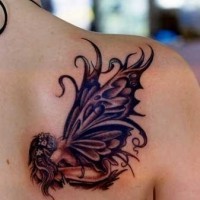 Colorful sleeping fairy on shoulder blade