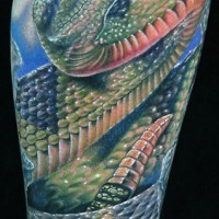 Realistic green snake tattoo on leg