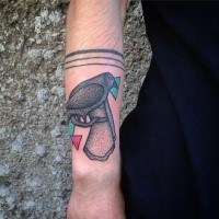 Colorful stippling style forearm tattoo of bird with triangles