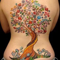 Colorful tree tattoo on back