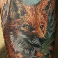 Colorful watercolor realistic fox tattoo by Theresa Sharpe