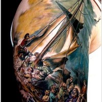 Colorful wreck boat at sea tattoo on half sleeve