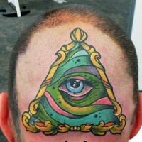 Coloured allseeing third eye tattoo on head for men