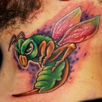 Coloured angry bee tattoo on neck
