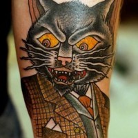 Coloured angry cat in a suit forearm tattoo