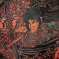 Coloured battle of samurai tattoo