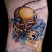 Coloured bee and honey tattoo by Kelly Doty