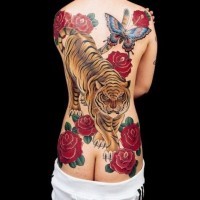 Coloured big tiger and red flowers tattoo on back