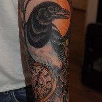 Coloured bird with clock forearm tattoo