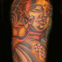 Coloured buddha tattoo on half sleeve
