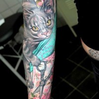 Coloured cat and scissors full sleeve tattoo