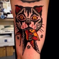 Coloured cat caught a bird tattoo by Emiel Wietze Steenhuizen