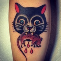 Coloured cat with a mouse in teeth tattoo