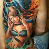 Coloured collage space and girl tattoo on ribs