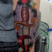 Coloured dagger forearm tattoo