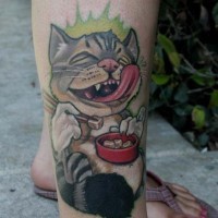 Coloured dinner cat tattoo on leg