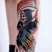 Coloured grim reaper tattoo on leg