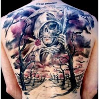 Coloured grim reaper with a scythe tattoo on back