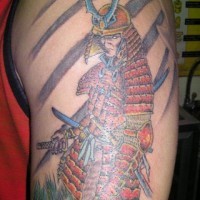 Coloured japanese samurai with sword tattoo on shoulder