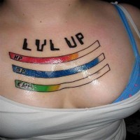 Coloured level up geek tattoo on chest