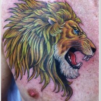 Farbiger Löwenkopf Tattoo an der Brus