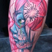 Coloured new style santa muerte girl tattoo on leg