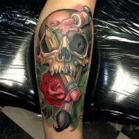 Coloured old school skull with red rose and accessories artist by Timmy