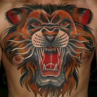 Coloured old school tiger head tattoo on chest