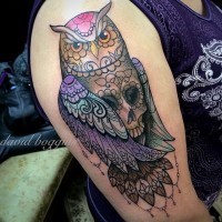 Tatuaggio colorato sul braccio il gufo