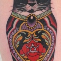 Coloured russian matryoshka cat tattoo