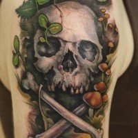 Tatuaje en el brazo,
calavera con huesos entre plantas y setas