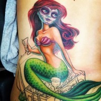 Coloured sugar skull mermaid tattoo