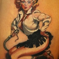Coloured vintage cowgirl pin up tattoo by Marco Firinu