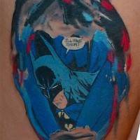Comic books like colored Batman themed tattoo on thigh
