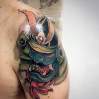 Comic books like colored funny samurai mask tattoo on shoulder