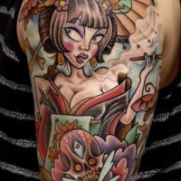 Comic Bücher mehrfarbiges Schulter Tattoo mit rauchender verführerischer Geisha und Blumen